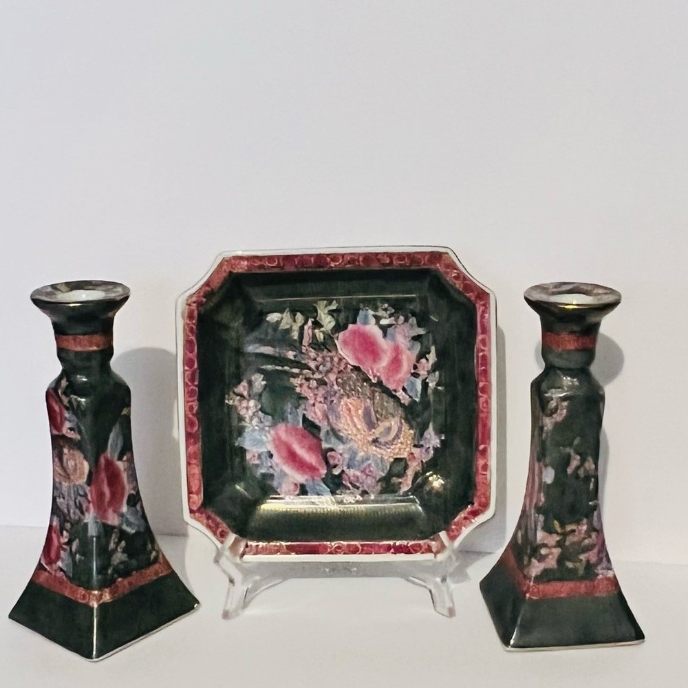 Vintage Chinoiserie Plate and Two Candlesticks Lot